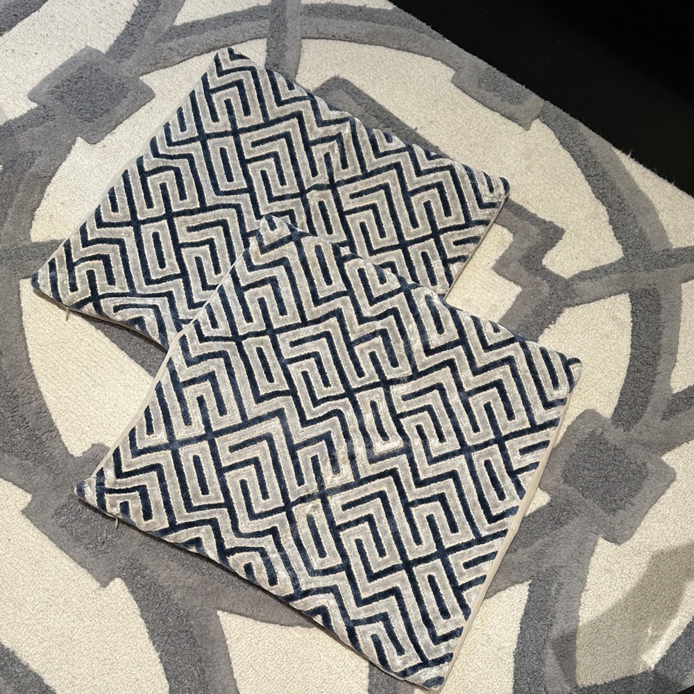 Set of Two Geometric Blue and White Throw Pillows cover